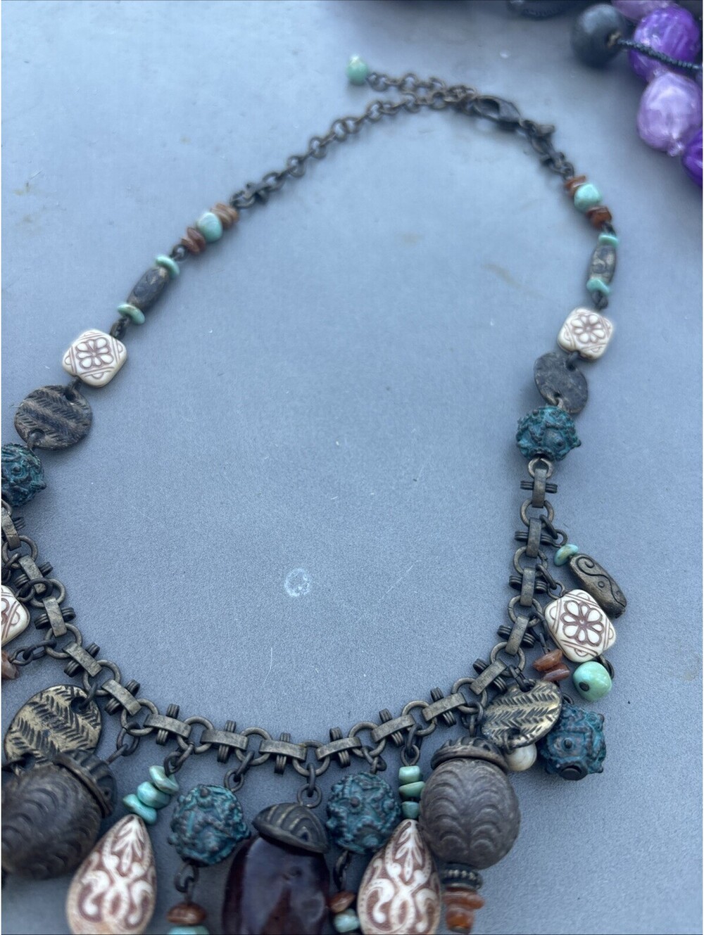 Chicos Chunky Faux Turquoise Bronze Bib Charm Statement Necklace